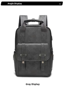 Detailed front view of grey vintage leather backpack showing buckle and texture