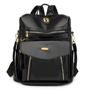 Vintage black PU leather multi-functional women's backpack with gold hardware and tassel