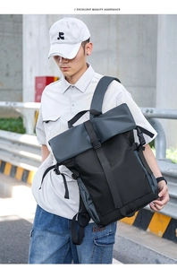 Detail view of the durable roll-top closure and adjustable straps on this cycling backpack