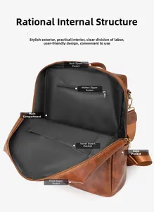 Detailed layout showing the multiple internal pockets and storage structure of the brown backpack