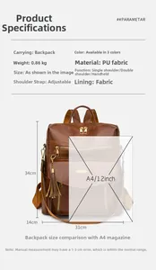 Brown PU leather backpack detail showing 34x31x14cm dimensions and internal fabric capacity