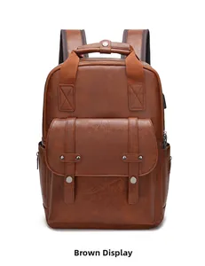 Detail of vintage brown PU leather backpack with top handle and magnetic pocket flap