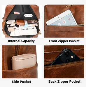 Detailed view of brown leather backpack interior compartments and zip pockets