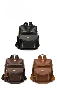 Three colors of retro PU leather backpacks including black, coffee and brown with tassels