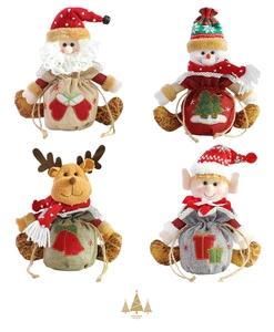 Detail view of four Christmas drawstring gift bags with 3D Santa, Snowman, Reindeer characters