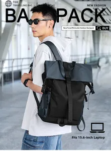 Detail of waterproof cycling backpack showing 15.6 inch laptop compartment and roll-top