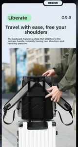 Detail of travel backpack showing the luggage strap fixed on a suitcase trolley handle