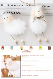 Detail view of plush Easter sheep pendant with twine legs and wooden beads for decor