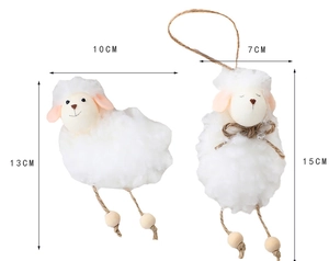 Detail showing plush Easter sheep pendants with wooden beads and rope legs measurements