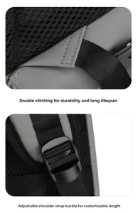 Detail of reinforced stitching on shoulder straps and adjustable plastic buckle of backpack