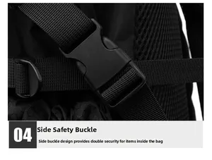 Detail of side safety buckle and reinforced nylon webbing on black helmet backpack