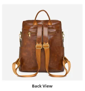 Back view of brown vintage PU leather backpack showing straps and zipper pocket
