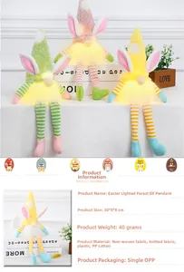 Detail of glowing LED Easter bunny gnome doll with long legs and soft knitted fabric texture