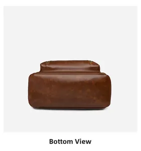 Detailed bottom view of brown PU leather backpack with neat stitching and litchi texture