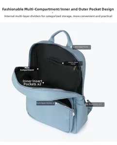 Détail du sac à dos en cuir PU bleu clair avec poches multiples et compartiments internes