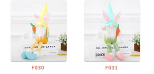 Detail of Easter gnomes with long legs, bunny ears, and carrots in soft plush fabric
