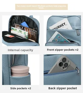 Blue leather backpack showing multi-pocket storage system for laptop and magazines