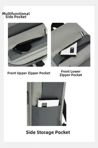 Detail view of multifunctional front zipper pockets and side storage on gray backpack