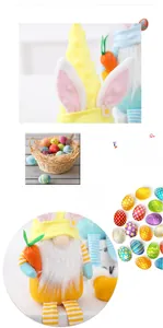 Detailed view of plush Easter gnomes with rabbit ears holding carrots and colorful eggs