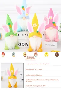 Detail of multi-colored Easter gnomes showing dimensions 18x7.5x8cm and soft knitted fabric