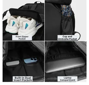 Detail view of large capacity backpack with independent shoe compartment and laptop sleeve