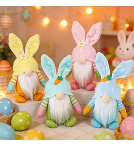 Detailed plush Easter rabbit gnomes with colorful hats and striped arms in a cozy setup
