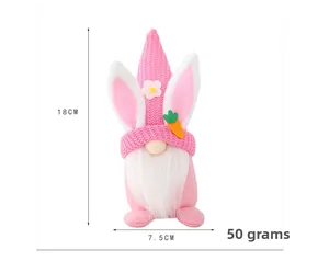 Detailed view of pink Easter bunny gnome plush with 18cm height and 7.5cm width dimensions