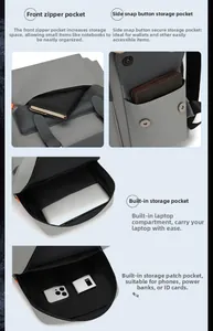 Detailed views of multi-pocket storage, laptop compartment and snap pockets on grey backpack