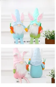 Detailed front and back view of two plush Easter bunny gnomes holding orange carrots