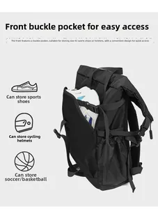 Detail of expandable front buckle pocket on black backpack for helmet or sports gear