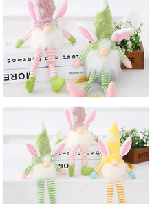Detail of colorful Easter gnomes with rabbit ears, striped long legs and warm plush texture