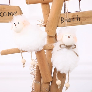 Cute Plush Easter Sheep Hanging Pendant Lamb Ornament With Wooden Beads Hemp Rope For Home Party Holiday Decor