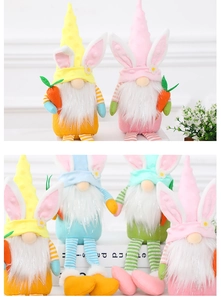 Detail view of colorful Easter gnomes with long legs holding carrots and rabbit ears