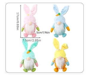 Detailed size chart showing dimensions for four colorful Easter bunny gnome plush hangers