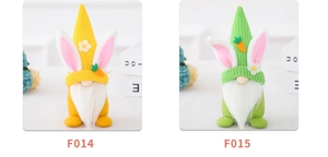 Close-up of Easter rabbit gnomes with knitted hats and plush textures in yellow and green