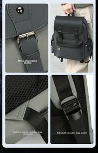 Detail view of retro mens travel backpack showing buckles, reinforced straps, and metal adjusters