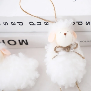 Easter plush white sheep hanging decoration with brown rope bow for wall and tree decor
