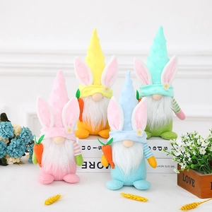 Easter gnome plush set with rabbit ears holding carrots for festive window decor