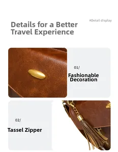 Detail of vintage brown PU leather backpack with gold metal hardware and tassel zipper