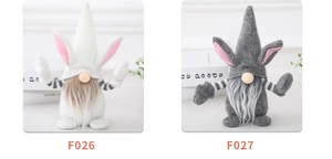 Detail of Easter gnomes with plush rabbit ears and knit striped hats on white background