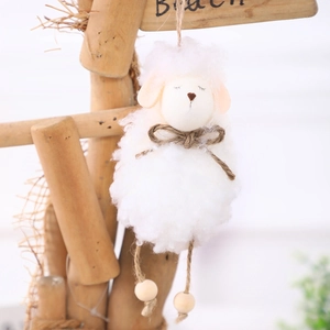 Plush Easter sheep ornament with wooden beads and jute bow for festive wall decoration
