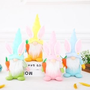 Easter gnome plush doll set with bunny ears and carrots in green, yellow, pink, and blue