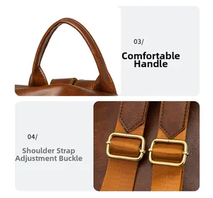Detail view of brown vintage PU leather backpack with comfortable handle and golden buckle