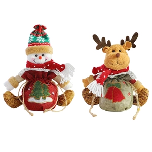 Christmas drawstring gift bags featuring snowman and reindeer plush designs with embroidery