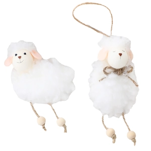 Pair of white plush Easter sheep hanging ornaments with wooden beads and jute rope