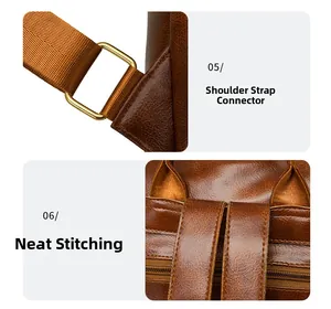 Detail of shoulder strap connector and neat stitching on vintage brown PU backpack