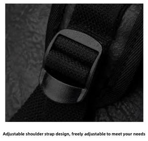 Detail view of adjustable black plastic buckle and nylon shoulder strap on backpack
