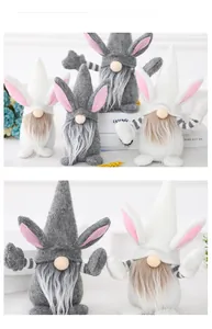 Detailed view of plush Easter gnomes with long rabbit ears and soft white beards