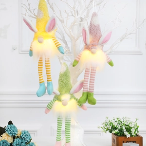 Three LED lighted Easter gnome plush dolls with bunny ears and long legs for home decor