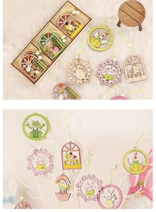 Creative Easter wooden hanging ornaments with bunny and chick designs on white branch